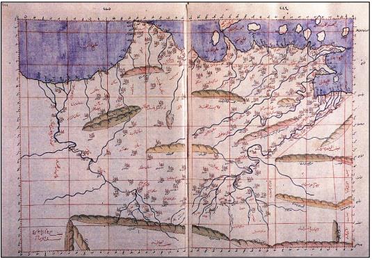 خريطة الهند، أميرتُزس،ترجمة بطلميوس، أيا صوفيا، رقم  2610، صفحات من القطع الكبيرة،(224ب-220 أ).