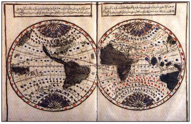 خريطة الكرات الأرضية (كاتب جلبي Tuhfetu’l-Kibà، إستانبول، 1729).