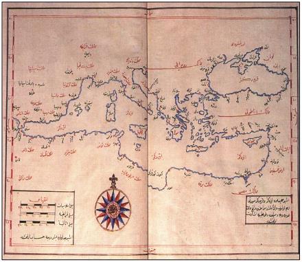 خريطة البحر الأبيض المتوسط ( بتروس بارونيان، جمنما في فن الجغرافيا، مكتبة متحف قصر طوب قابي، رقم خزينه444، صفحات من القطع الكبير28ب-29أ).