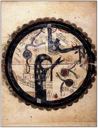 خريطة العالم (محمود بن أحمد الخطيب الرومي، نوادر الغرائب، المكتبة السليمانية رقم أسعد أفندي 2501، صفحات من القطع الكبير 2ب-3 أ).