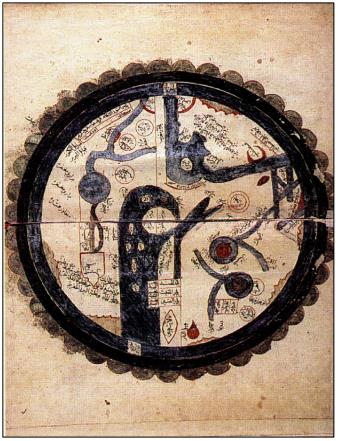 Map of the World, Maḥmūd ibn Aḥmad al-Khaṭīb al-Rūmī, Nawādir al-Gharāʾib, Süleymaniye Library, no. Esad Efendi, 2501, folios 2b-3a).