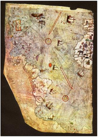 A section of the ʿMap of the Worldʾ, produced in 1513 by Pīrī Reis and presented to Selim I, in 1517.