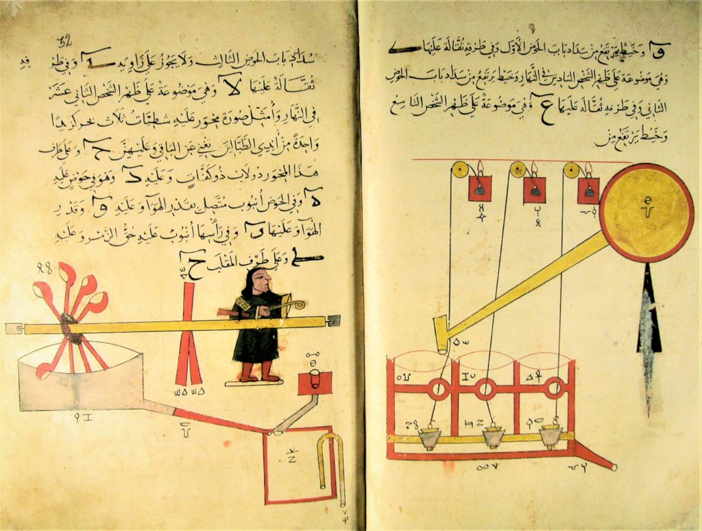Figurative illustrations of mechanical devices in a copy of Al-Jami' byna Al-'Ilm wal-Amal Al-Nafi' fi Sina'at Al-Hiyal (The Book of Knowledge of Ingenious Mechanical Devices) by Badīʿ az-Zaman Abu l-ʿIzz ibn Ismāʿīl ibn ar-Razāz al-Jazarī (d.602/1205), copied by Muhammad ibn Ahmad al-Azahri al-Maktabi in 755/1354, MS 3606, Ayasofya Collection (Turkey)  رسوم التوضيحية التصويرية للأجهزة الميكانيكية في نسخة من الجامع بين العلم والعمل النافع في صناعة الحيل لبديع الزمان أَبو العز بن إسماعيل بن الرزاز الجزري الملقب بـ الجزري متوفي 602 هجري 1205 ميلادي، نسخها محمد بن أحمد الأزهري المكتبي في 755 هجري، 1354 ميلادي، مكتبة آياصوفيا (تركيا).