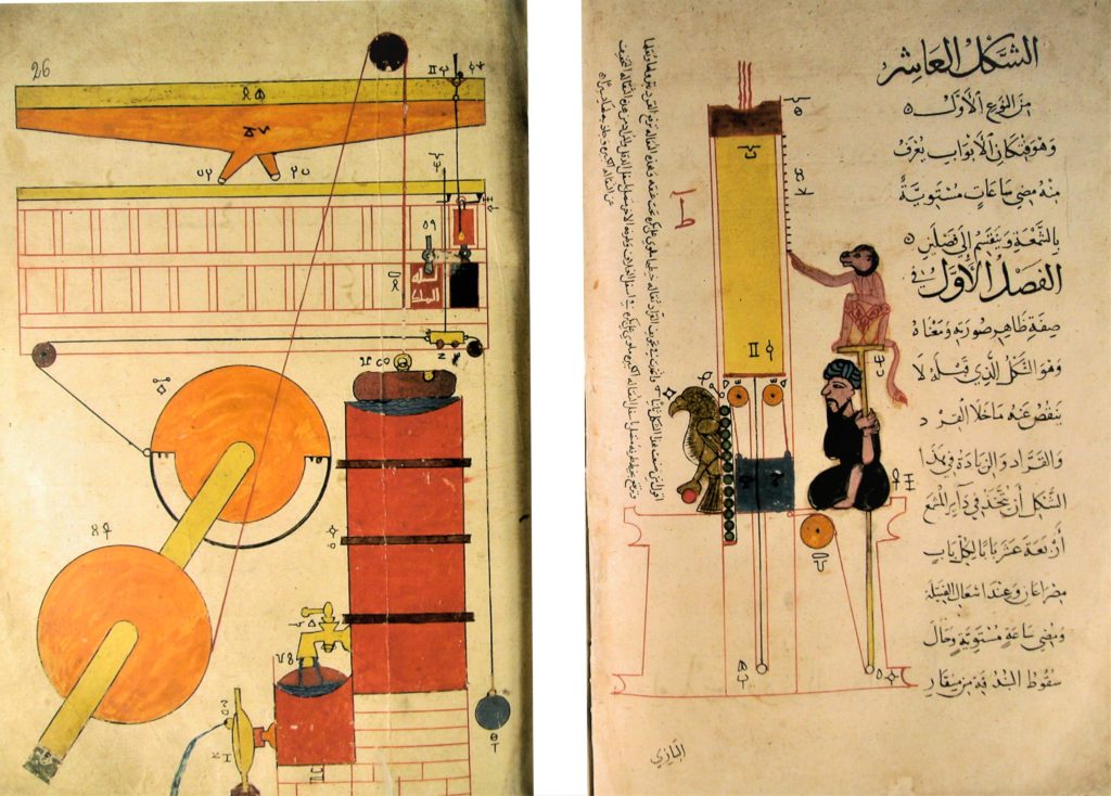 Figurative illustrations of mechanical devices in a copy of Al-Jami' byna Al-'Ilm wal-Amal Al-Nafi' fi Sina'at Al-Hiyal (The Book of Knowledge of Ingenious Mechanical Devices) by Badīʿ az-Zaman Abu l-ʿIzz ibn Ismāʿīl ibn ar-Razāz al-Jazarī (d.602/1205), copied by Muhammad ibn Ahmad al-Azahri al-Maktabi in 755/1354, MS 3606, Ayasofya Collection (Turkey)  رسوم التوضيحية التصويرية للأجهزة الميكانيكية في نسخة من الجامع بين العلم والعمل النافع في صناعة الحيل لبديع الزمان أَبو العز بن إسماعيل بن الرزاز الجزري الملقب بـ الجزري متوفي 602 هجري 1205 ميلادي، نسخها محمد بن أحمد الأزهري المكتبي في 755 هجري، 1354 ميلادي، مكتبة آياصوفيا (تركيا).
