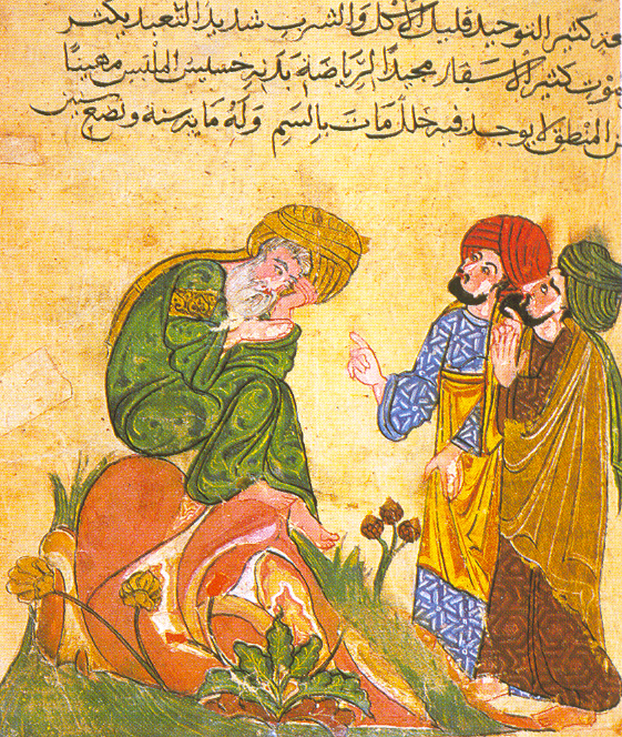 An Arabic manuscript from the 13th century depicting Socrates (Soqrāt) in discussion with his pupils