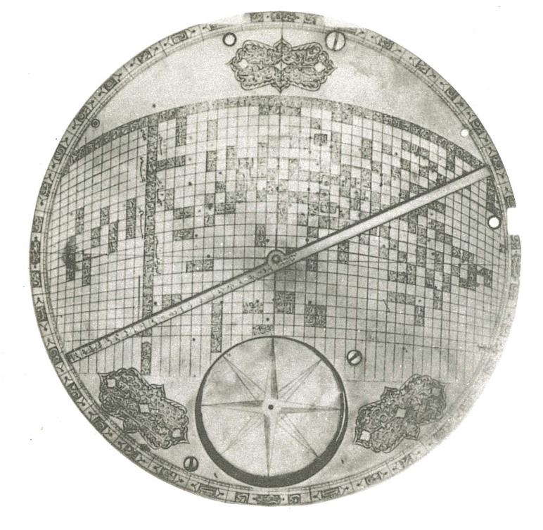 A qiblah-indicator from Isfahan, c. 1700. Unique of its genre, this instrument displays a cartographic grid with numerous cities marked on it from Andalusia to China and a diametral rule, so devised that one can read the qiblah and distance from Makkah directly for any locality. Muslim astronomers knew how to calculate the qiblah and distance from Makkah in the ninth century, and already then they calculated tables displaying the qiblah for all latitudes and longitudes. This instrurment represents the culmination of practical Islamic cartography and applied mathematics. (Private collection, photograph courtesy of the owner.)
