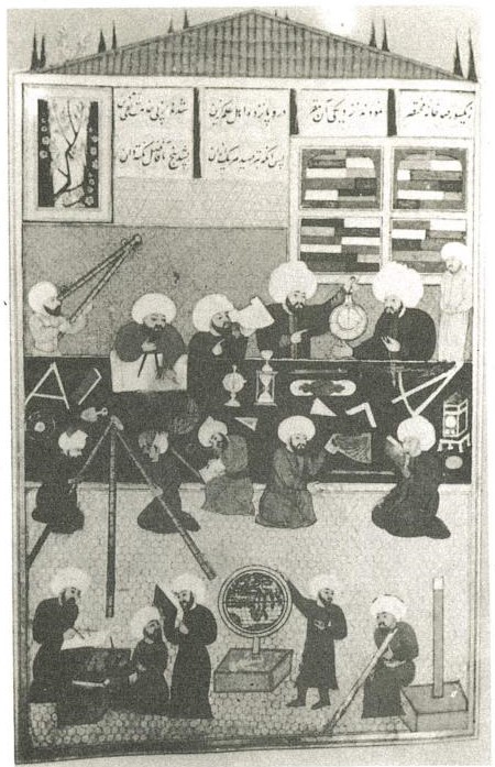 Plate 10:  a miniature of the Istanbul Observatory in the late sixteenth century. The Director, Taqī al- Dīn, is shown holding an astrolabe. He authored treatises on the construction of astrolabes and sundials, as well as a treatise on mechanical clocks, the latter under European influence. The terrestrial globe is also European. Some of the books on the shelf behind Taqī al-Dīn are now in the University Library at Leiden: they have his mark of ownership on the title-pages. Most have never been studied in modern times. Ottoman astronomy was a combination of the Egyptian, Syrian and Central Asian traditions, showing increasing influence from European astronomy. The modern Observatory at Kandıllı outside Istanbul has a large collection of manuscripts and instruments, most post-dating the activities of Taqī al-Dīn and his staff. (Taken from MS Istanbul UL YıIdız 1404, courtesy of the Leiden University Library.)