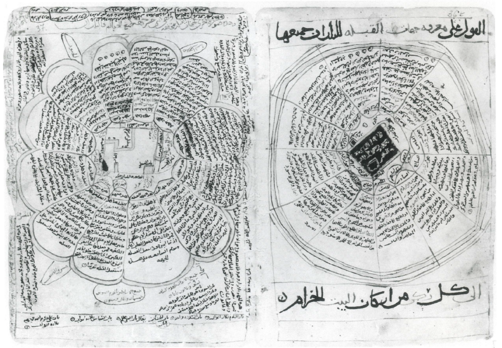 Two diagrams of sacred geography both with 12 sectors but displaying different information in a copy of a treatise on folk astronomy by the late-13th-century Yemeni astronomer Muhammad in Abi Bakr al-Fárisi. (From MS Milan Ambrosiana X 73 sup. (Griffini 37), fols. 36-37r. courtesy of the Biblioteca Ambrosiana. Image published in D.King,1999, World Maps for Finding the Direction and Distance to Mecca, p.53. Al-Furqan Islamic Heritage Foundation.