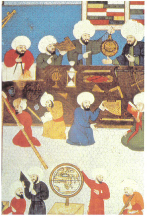 A miniature of the Istanbul Observatory, ca. 1577. It is probably the director Taqīyu ʾl-Din who is depicted holding an astrolabe. Various other astronomers are working with other instruments or copying manuscripts. Some of the books laid horizontally on the shelf in the upper right (so that the Qur'an could be laid on top) have been preserved in the University Library in Leiden since the 17th century; they are identi­fied by the mark of ownership of Taqīyu ʾl-Din on their title-folios. (From MS Istanbul UL Yildiz F-1404, fol. 57r, courtesy of Istanbul University Library.) Image published in D.King,1999, World Maps for Finding the Direction and Distance to Mecca, p.9. Al-Furqan Islamic Heritage Foundation.